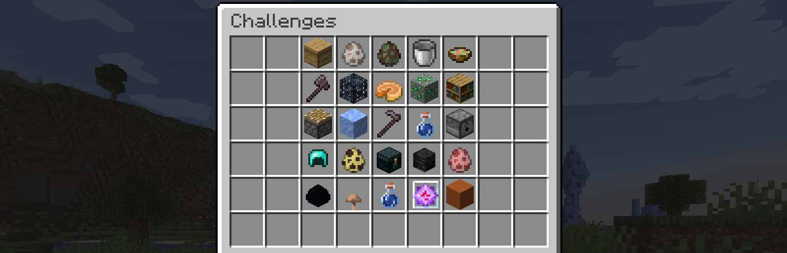 A screenshot of a lockout board. It is a menu in Minecraft containing a 5 by 5 grid of random items. At the top, the menu is labeled 'Challenges'.